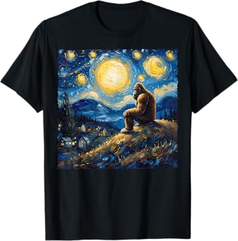 Van Gogh Style Funny Bigfoot Lover Starry Night Painting T-Shirt