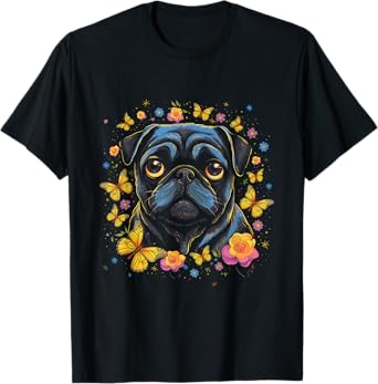 Black Pug with Butterflies and Flowers Retro Design T-Shirt