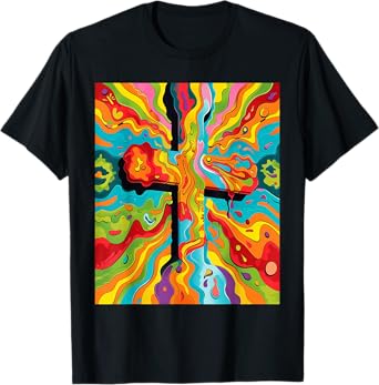 Colorful Vibrant Psychedelic Powerful Religious Cross Art T-Shirt