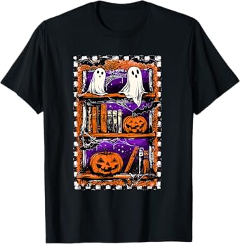 Cute Ghost Book Lover Halloween Spooky Bookshelf Pumpkin Boo T-Shirt