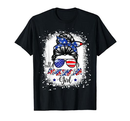 All American Girl Shirt USA Flag 4th July Women Kid Bleached T-Shirt