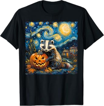 Badger Pumpkin Van Gogh's The Starry Night Halloween Art T-Shirt