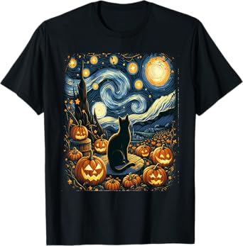 Halloween Van Gogh Starry Night Black Cat Pumpkins Men Women Kids T-Shirt