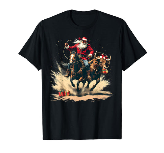 Santa Claus Cowboy Vintage Christmas Horse Cow Men Boy T-Shirt