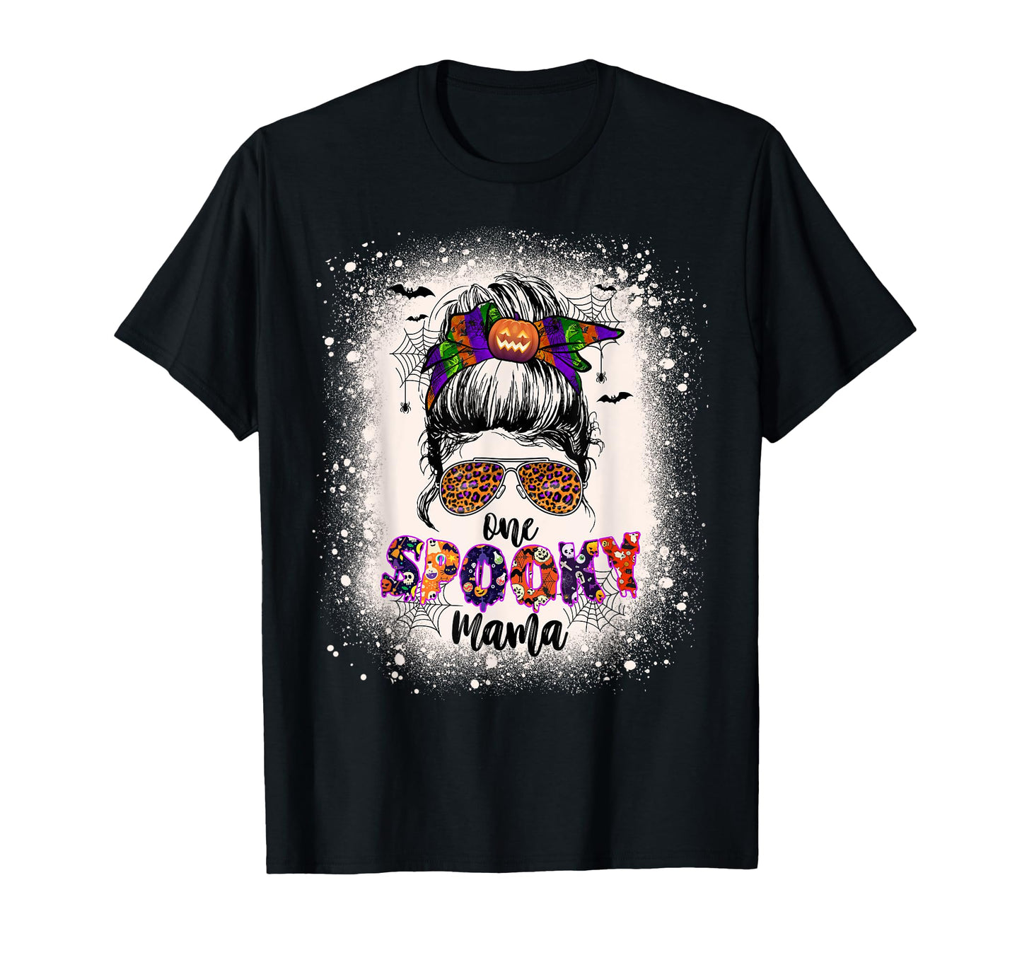 One Spooky Mama Mommy Halloween Mom Life Messy Bun Bleached T-Shirt