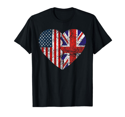 British American Flags Heart | United States UK Roots T-Shirt for Women Kids Men