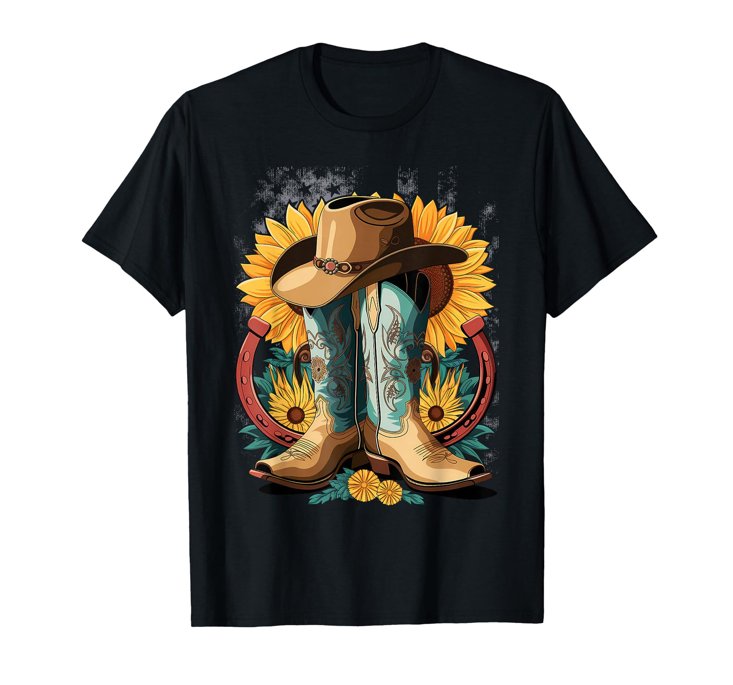 Western Cowboy Boot Horseshoe Sunflower Rope Cowgirl Country T-Shirt