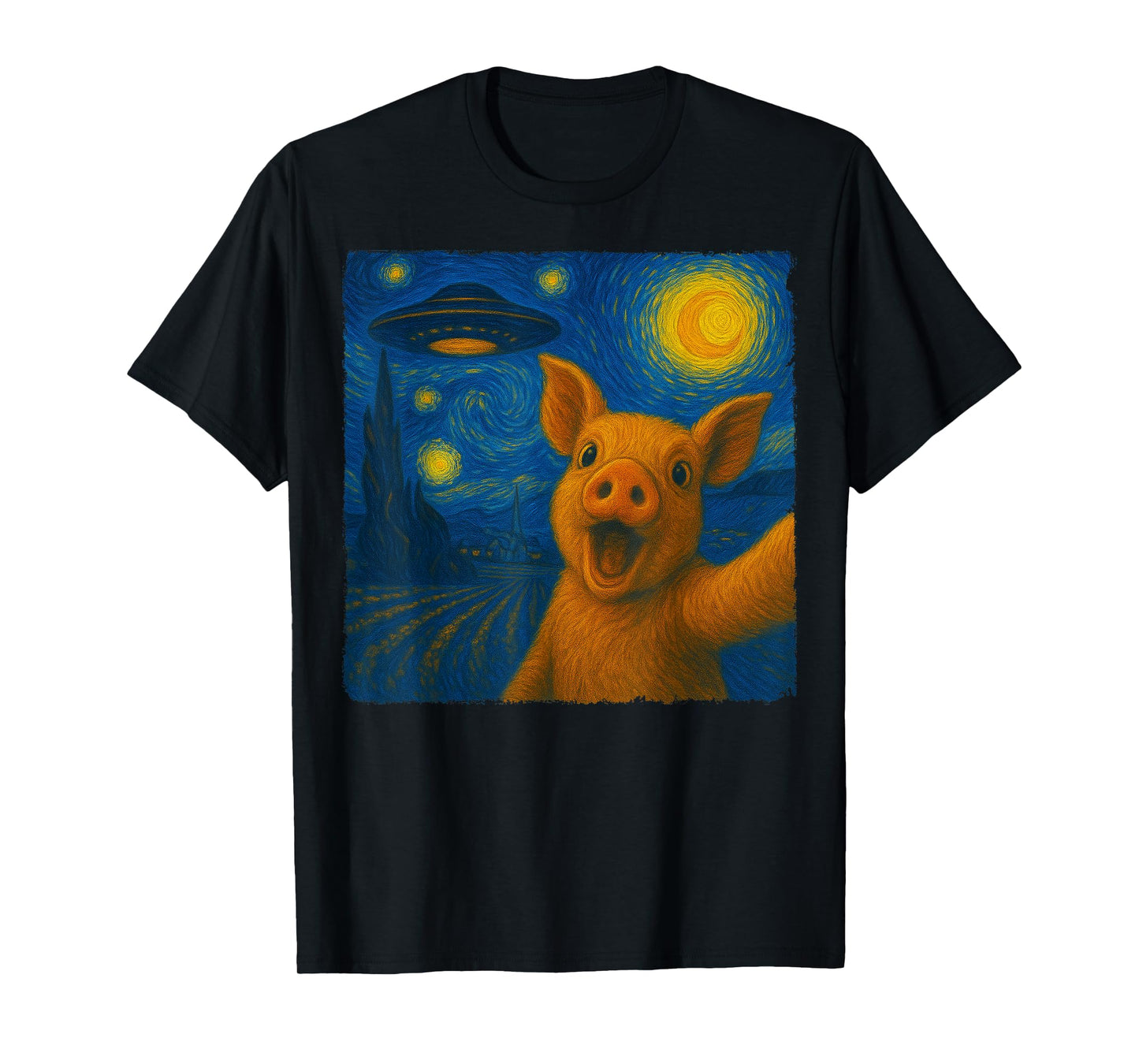 Pig Selfie with UFO Starry Night Van Gogh Gift Men Women Kid T-Shirt