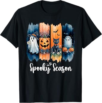 Spooky Season Vintage Halloween Ghost Pumpkin Black Cute Cat T-Shirt