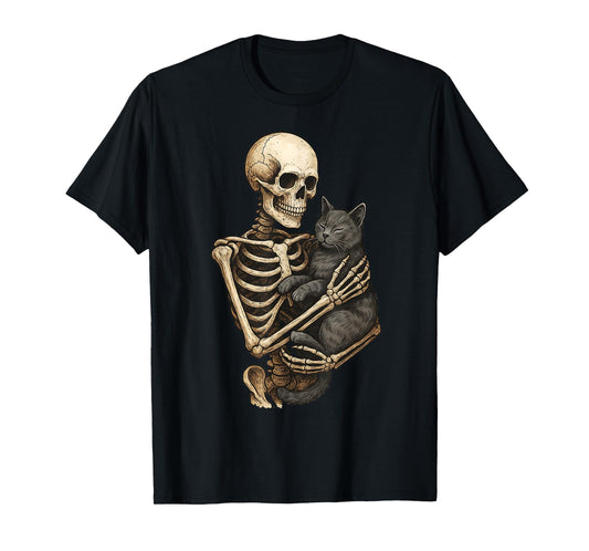 Skeleton Hugging Cat Halloween Cats Lover Cat Mom Cat Dad T-Shirt