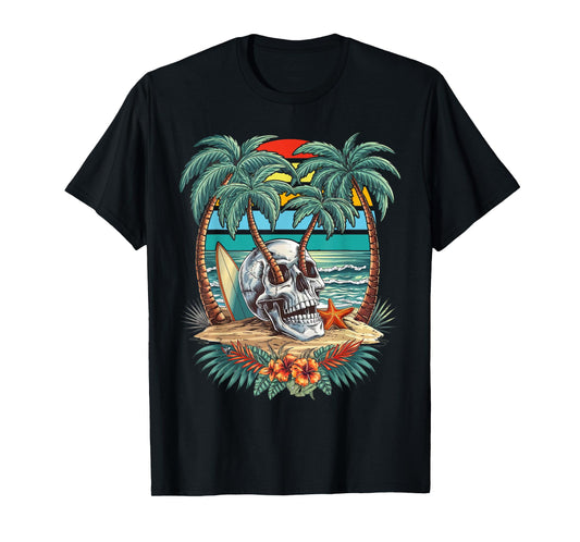 Vintage Palm Tree Skull Summer Beach Men Motorcycle Tattoo T-Shirt