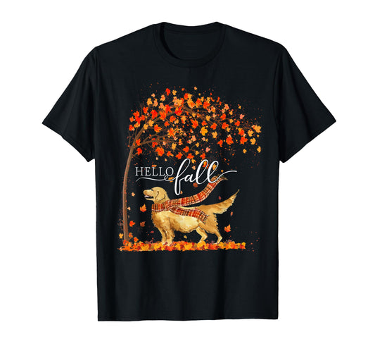 Hello Fall Tree Thanksgiving Dog Lover Golden Retriever T-Shirt for Men Women