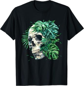 Aesthetic Goth Grunge Skull Tropical Monstera Leaf Skeleton T-Shirt