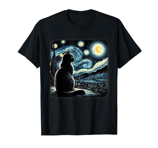 Van Gogh Starry Night Cat Art For Cat Lovers Cat Mom Cat Dad T-Shirt