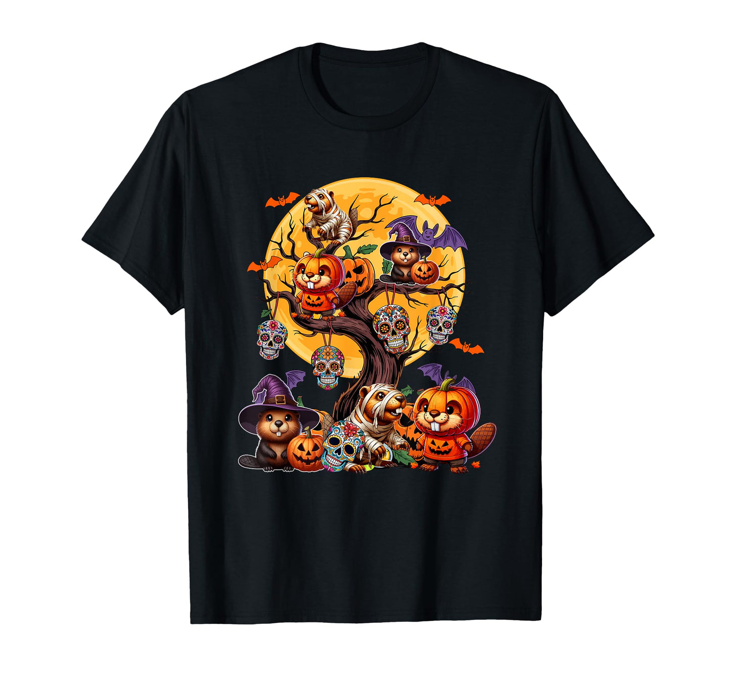 Group Beavers As Witch Mummy Halloween Pumpkins On Tree T-Shirt