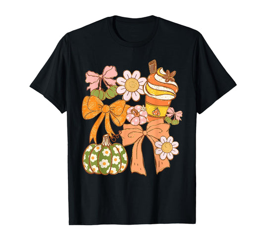 Coquette Bow Pumpkin Season Autumn Fall Leaves Thanksgiving T-Shirt