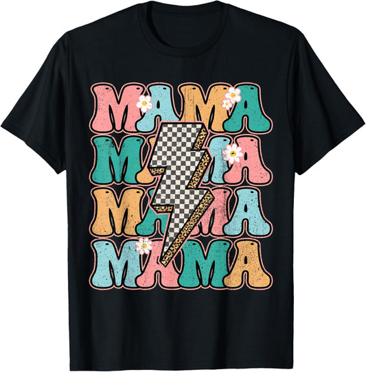 Checkered Mama Bolt Lightning Groovy Mother's Day Mom Life T-Shirt