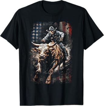 Vintage American Flag Bucking Bull Riding Patriotism Rodeo T-Shirt for Women Kids Men
