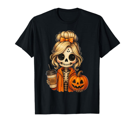 Halloween Skeleton Pumpkin Spooky Coffee Fall Women Girl T-Shirt