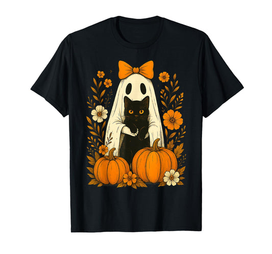 Cute Ghost Black Cat Halloween Pumpkin Groovy Floral Gifts T-Shirt
