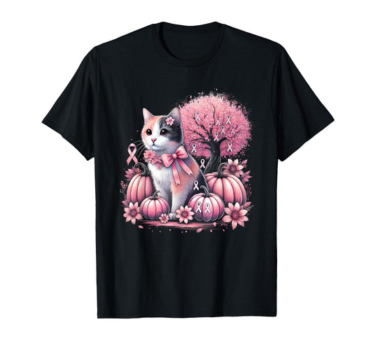 Cat Pink Flower Breast Cancer Awareness Men Women Kids T-Shirt