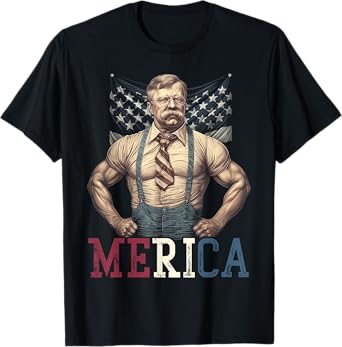 USA 4th Of July, Teddy Roosevelt Funny Workout Muscles T-Shirt for Women Kids Men
