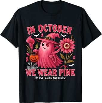 In October We Wear Pink Halloween Shirt Ghost Breast Cancer T-Shirt