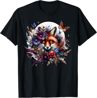 Cottagecore Floral Fox Butterfly Moon Wildlife Animal T-Shirt