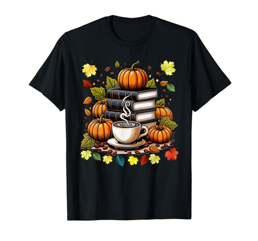 Books Coffee Fall Leaves and Pumpkins Vintage Library T-Shirt