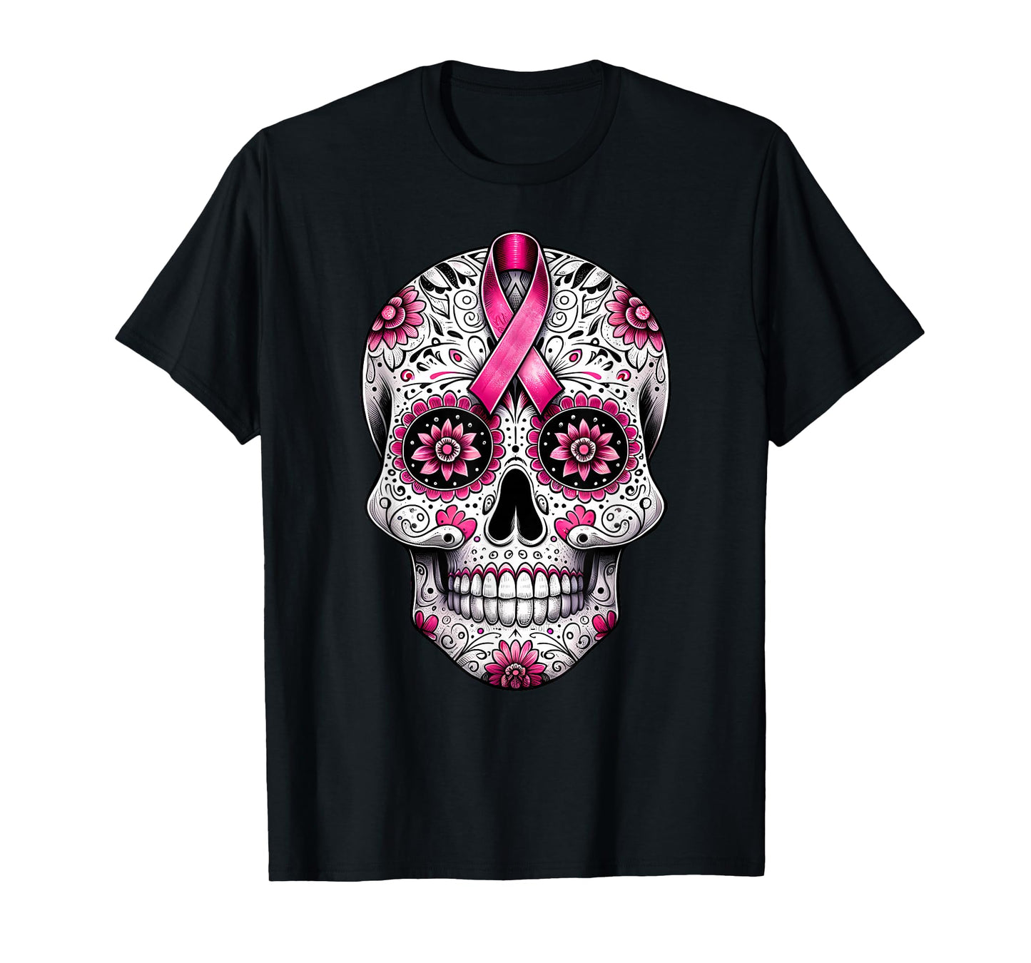 Pink Ribbon Sugar Skull Calavera Breast Cancer Awareness T-Shirt