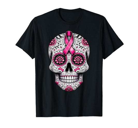 Pink Ribbon Sugar Skull Calavera Breast Cancer Awareness T-Shirt