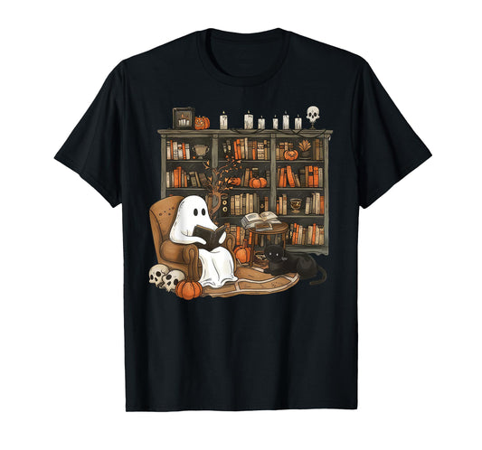 Vintage Ghost Reading Books Librarian Teacher Halloween T-Shirt for Men Women