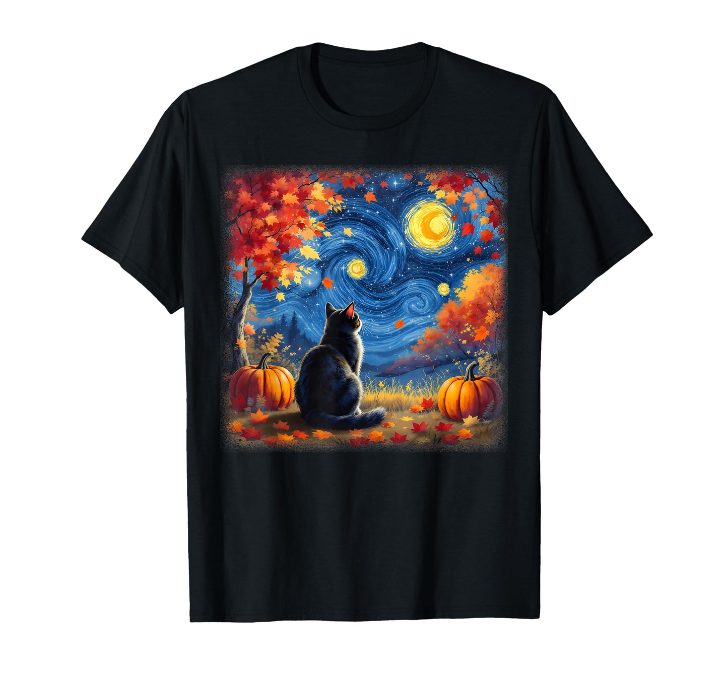 Cat Starry Night Cats Lover Thanksgiving Fall Autumn T-Shirt