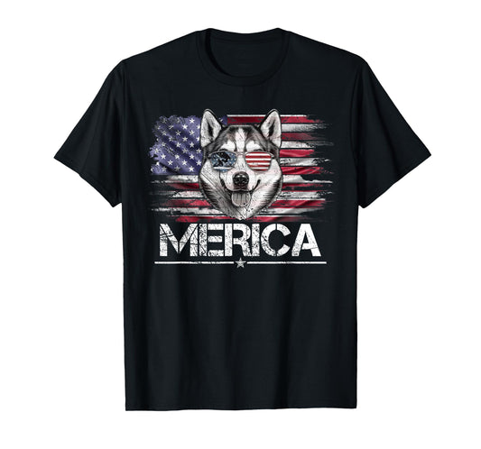 Vintage Husky Dog, Merica Husky Dog USA Flag Funny T-Shirt for Women Kids Men