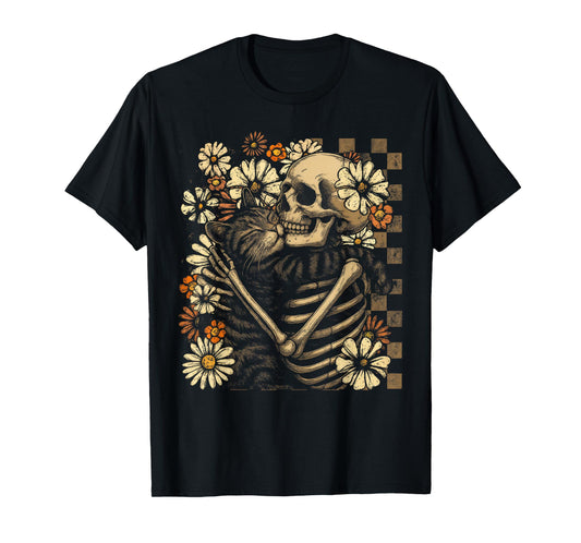 Floral Skeleton Hugging Cat Halloween Cat Lover Cat Mom Dad T-Shirt