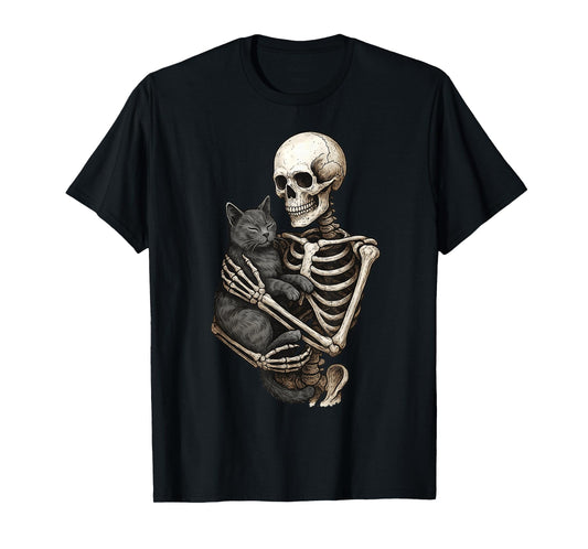 Skeleton Hugging Cat Halloween Cats Lover Cat Mom Cat Dad T-Shirt