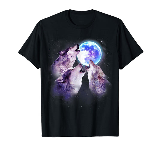 Three Grey Wolf Howling At The Moon 3 Wolves Space Galaxy T-Shirt