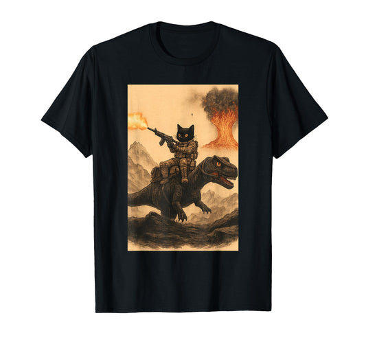 Vintage Cat Riding Dinosaur Battle Print T-Shirt