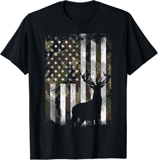 Camo US Flag Deer Elk Buck Camoflage Hunting Hunter Dad Gift Short Sleeve T-Shirt