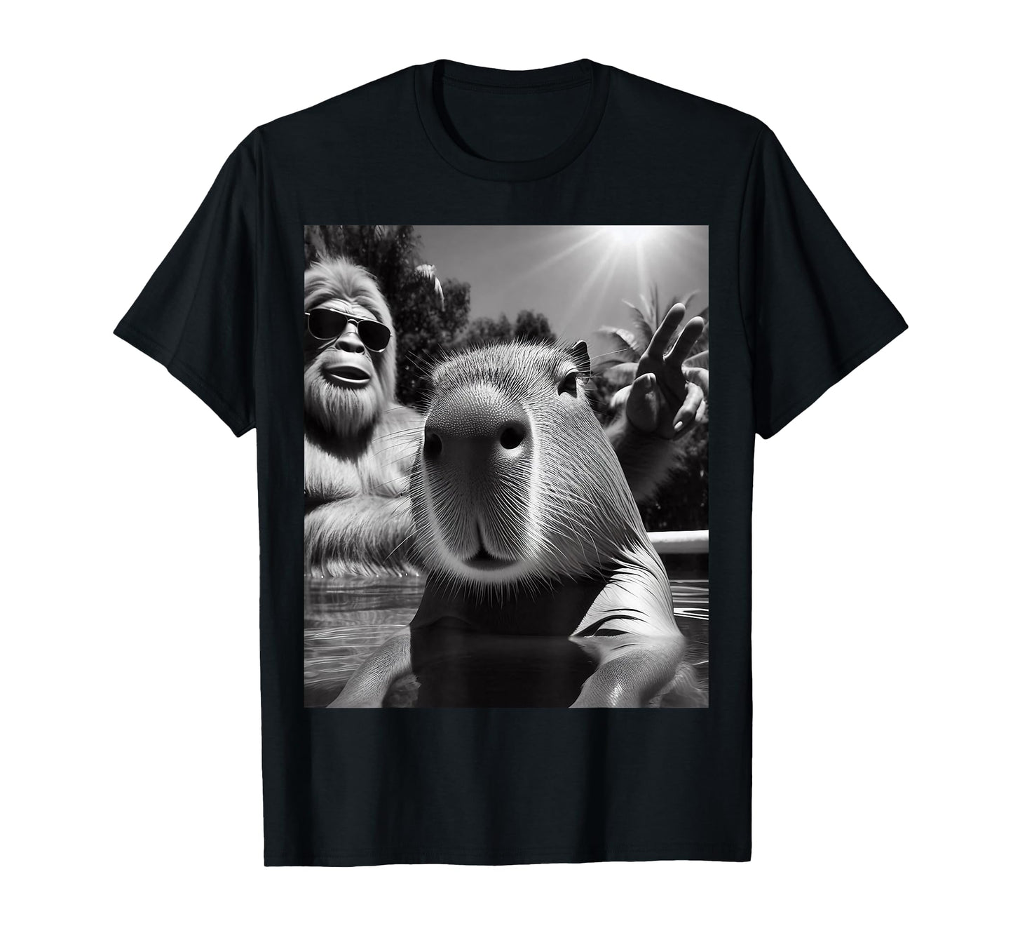 Funny Sasquatch Swimming Pool Capybara Selfie With Bigfoot T-Shirt