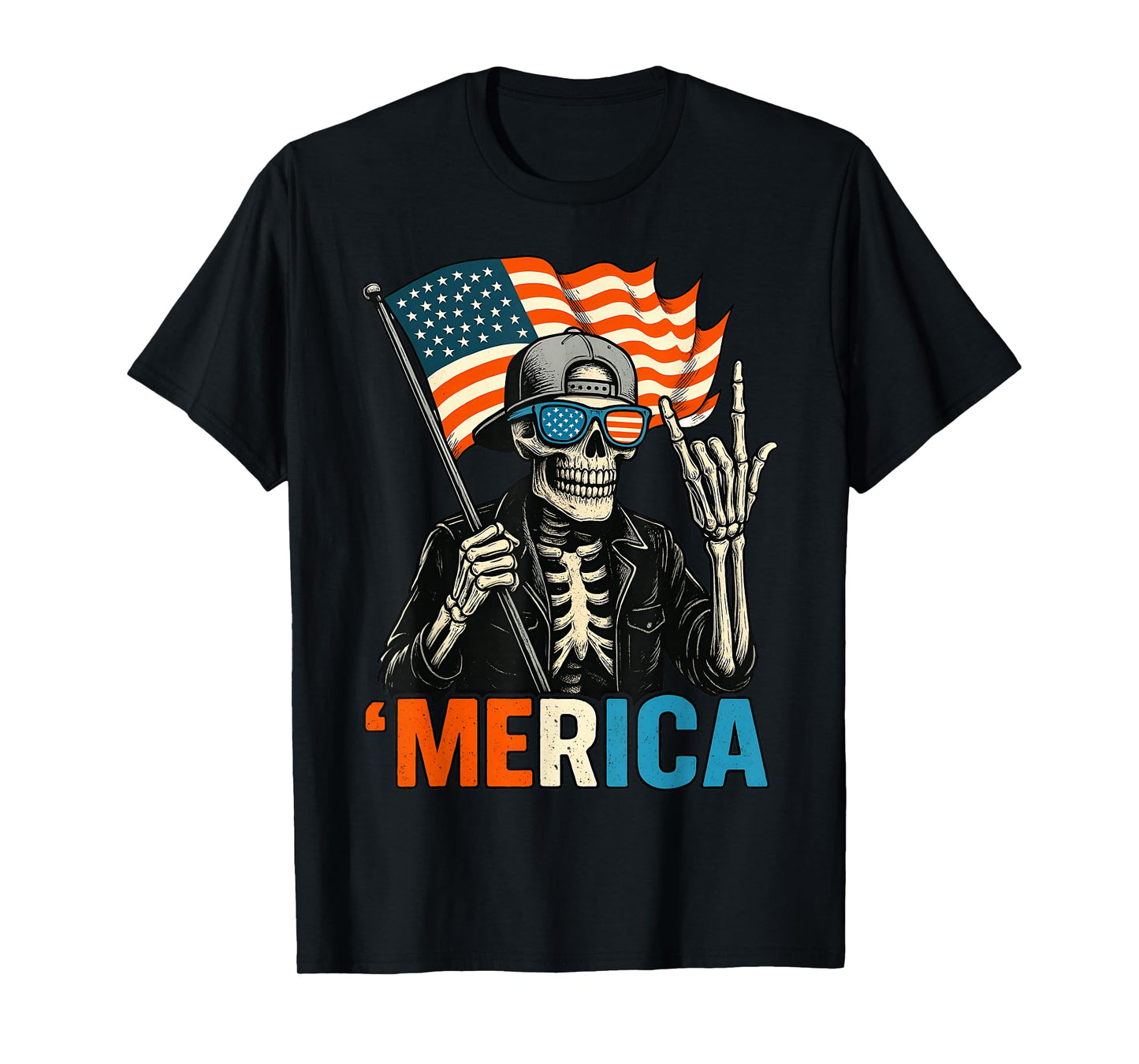Skeleton Merica Rock American Flag Patriotic USA 4th Of July T-Shirt