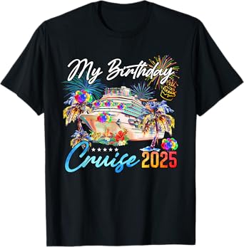 My Birthday Cruise 2025 MYN Unisex-Adult T-Shirt Black Small Crew Neck Short Sleeve Classic Fit Lightweight