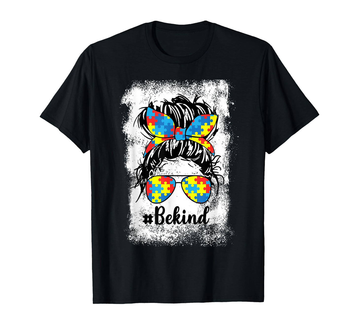 Be Kind Autism Messy Bun Girl Puzzle Piece Autism Awareness T-Shirt