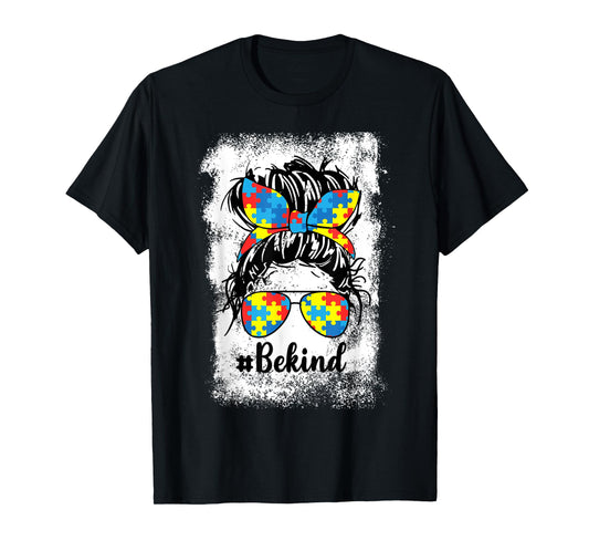Be Kind Autism Messy Bun Girl Puzzle Piece Autism Awareness T-Shirt