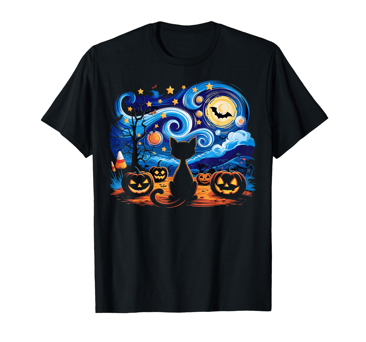 Halloween Cat Starry Night Gifts Cat Mom Cat Dad Cat Lover T-Shirt