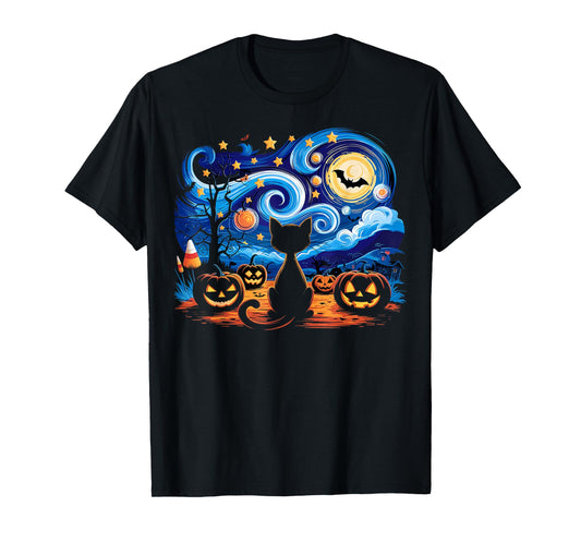 Halloween Cat Starry Night Gifts Cat Mom Cat Dad Cat Lover T-Shirt
