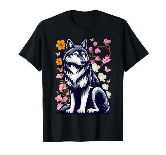 Cute Wolf With Flowers I Kids Wolf T-Shirt
