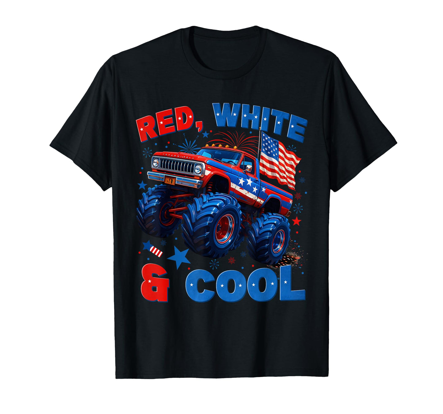 4th Of July Red White And Cool Monster Truck Fireworks Boys T-Shirt