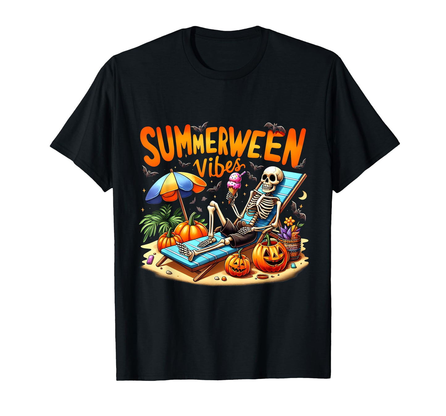 Summerween Halloween Skeleton Ice Cream Summer Vacation T-Shirt for Men Women