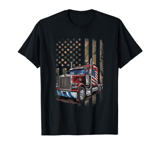 Truck Driver Camo USA American Flag Shirt Vintage Semi Truck T-Shirt
